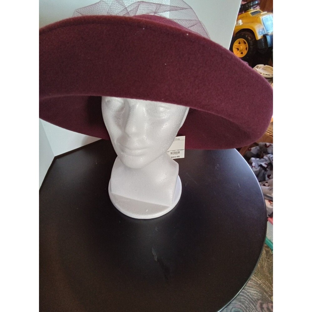 Miss Bierner Michael‎ Howard Burgundy Wool Felt Wide Brim Veiled Feather Hat NWT